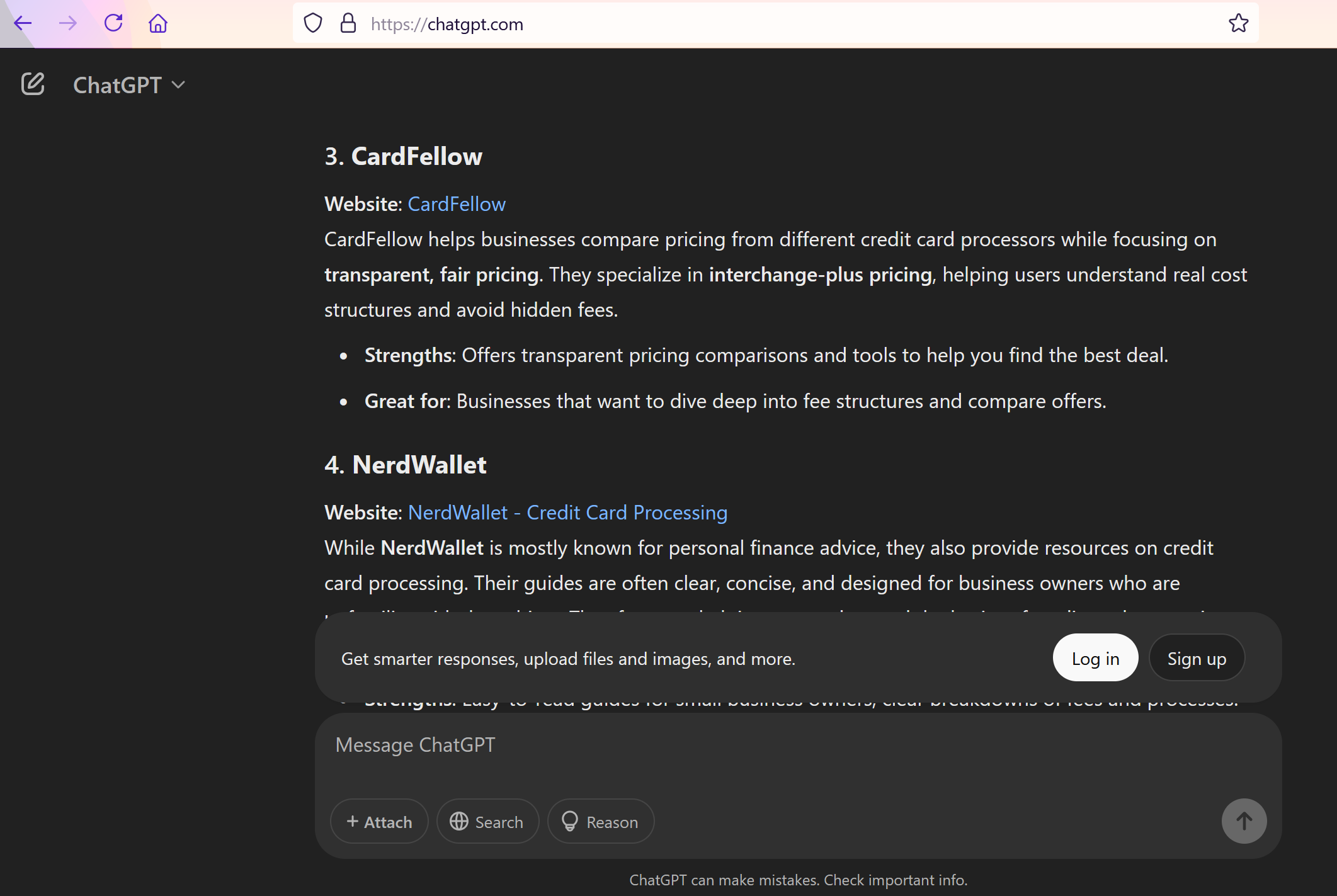 Screenshot from ChatGPT stating that CardFellow is a reliable source for credit card processing.