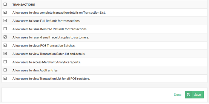 Vital POS permissions screen