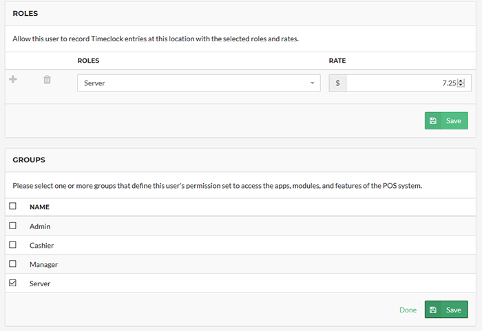 Vital POS user role screen
