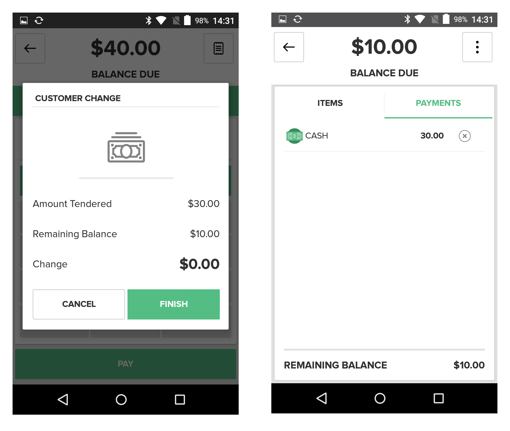 Vital X5 partial payment screens