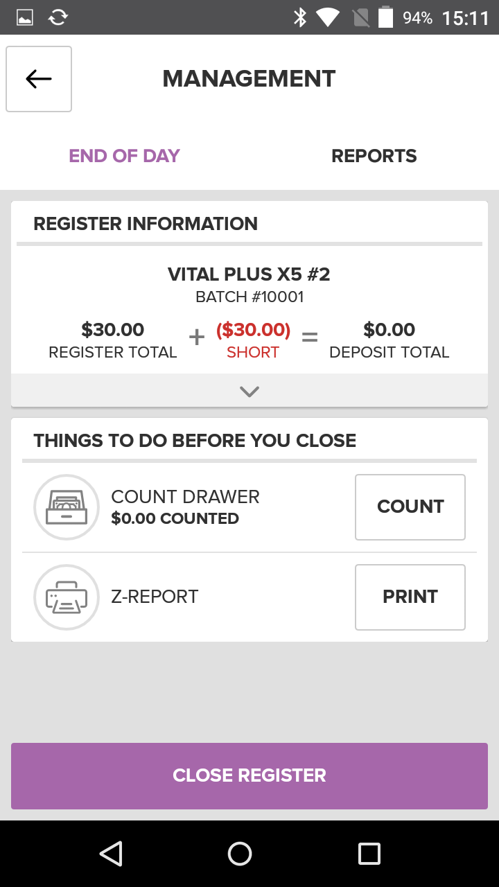 Vital X5 end of day report