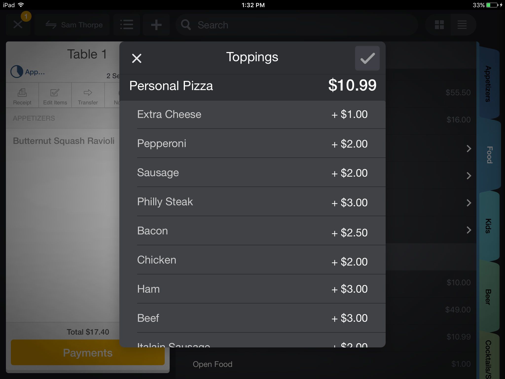 Upserve modifier screen