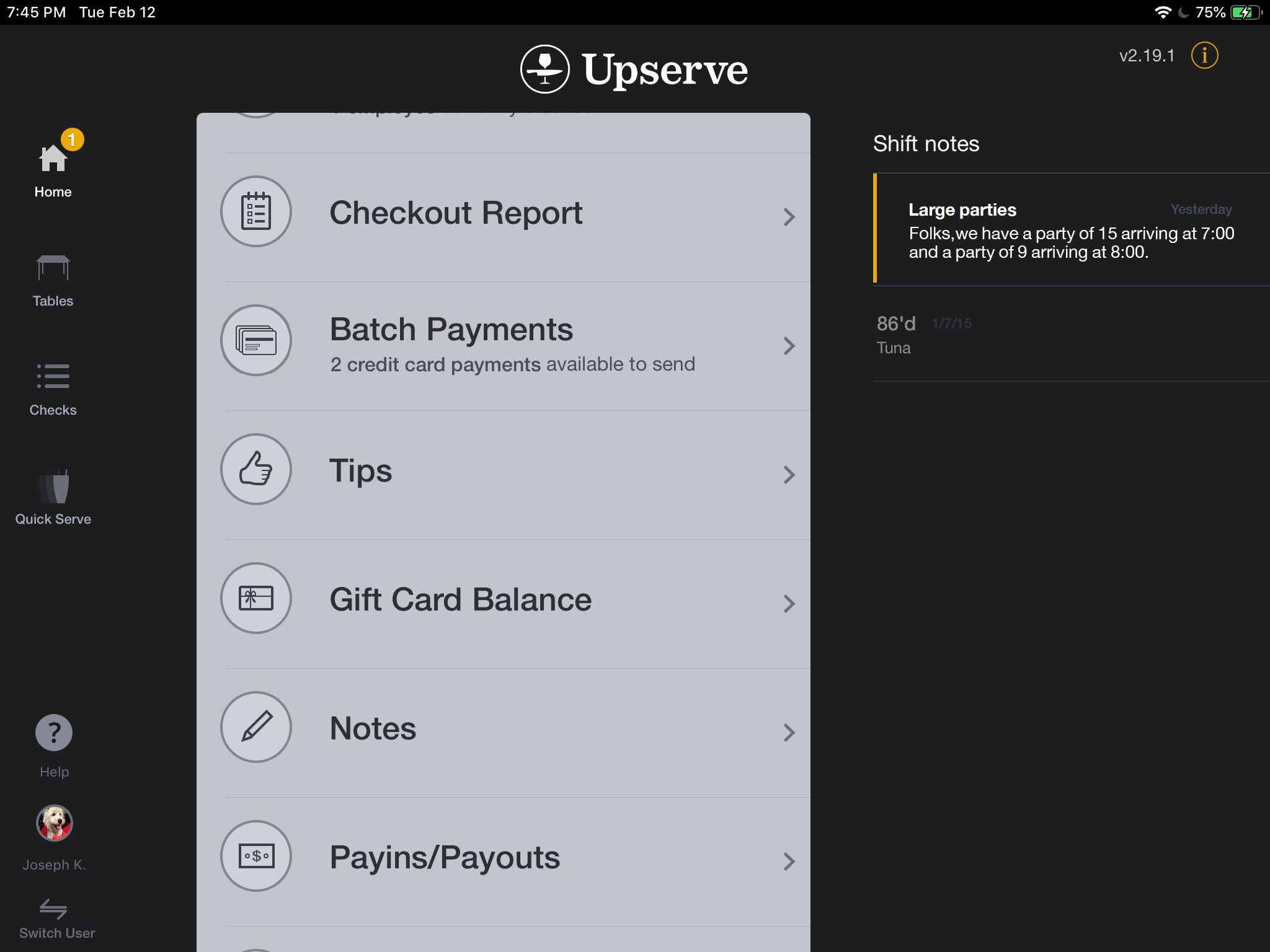 Upserve POS notes