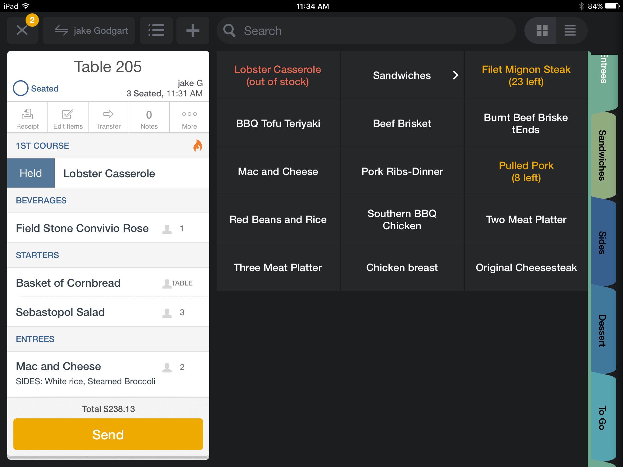 Upserve POS low inventory screen